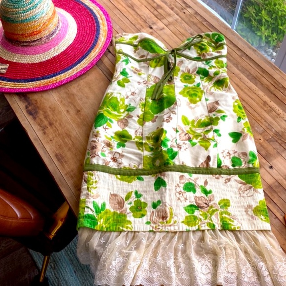 Tracy Reese New York Strapless Dress Green floral Lace SZ 6